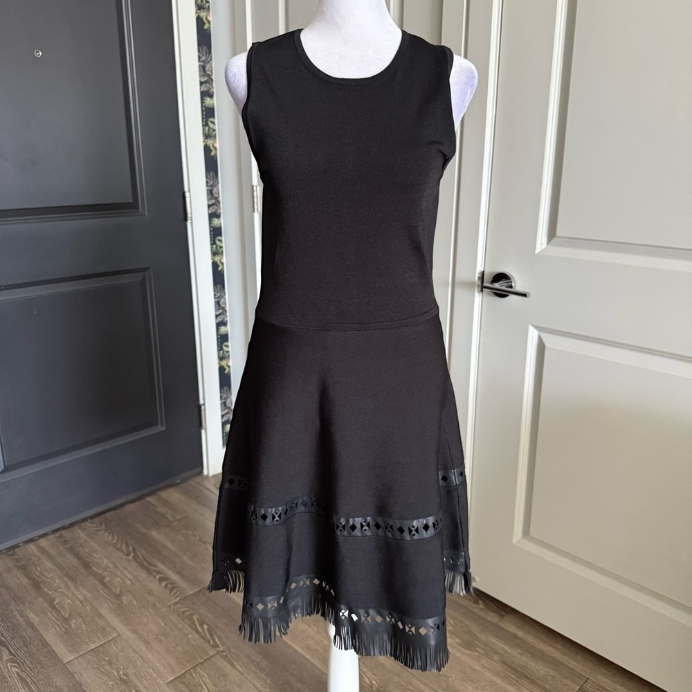 Nwt Parker Black Fit And Flare Sweater Knit Dress With Fringe Hem Size M